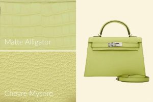 Green Hermes bag in Jaune Bourgeon color with Mate Alligator and Chevre Mysore leather options.