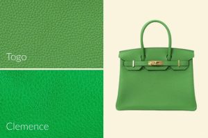 Hermes Birkin bag in green Bambou color with Togo and Clemence leather options.