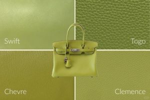 Hermes green bag in Vert Anis color with Swift, Togo, Chevre, and Clemence leather options.