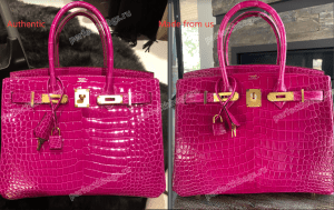 Side-by-side comparison of authentic Hermès Birkin crocodile bag and a replica from Replica Handbag Store in vibrant pink color.