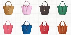 A collectsion of Hermes Picotin colors displayed in a grid.