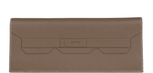 Hermès Kelly Cut Shadow in Etoupe leather, elegant clutch design.