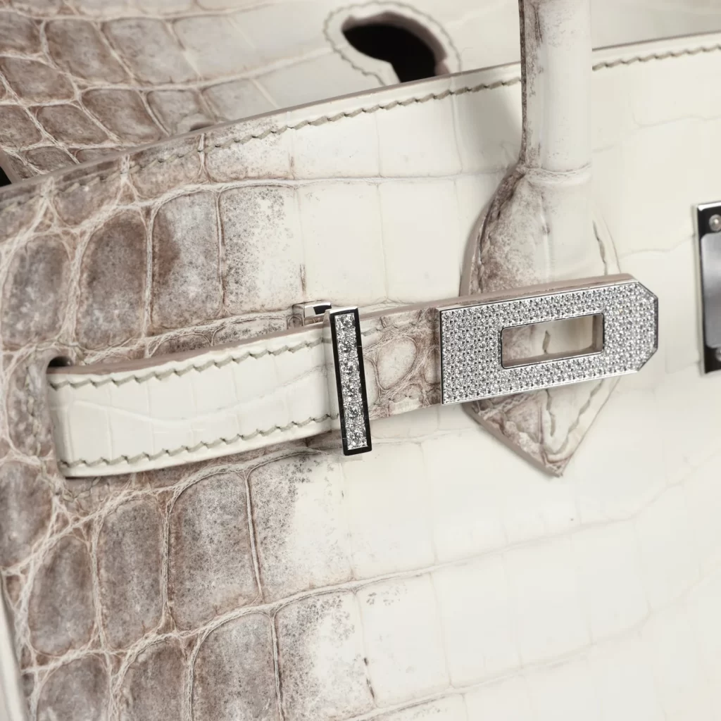 Closeup of the diamond Himalayan Birkin, showcasing the intricate diamond-encrusted hardware on the lock