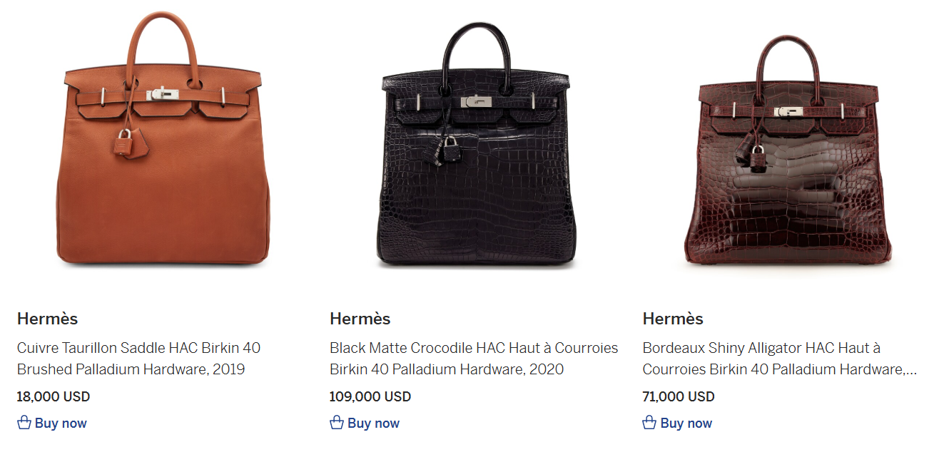 HAC bags by Hermes available on resale platforms with their prices listed.