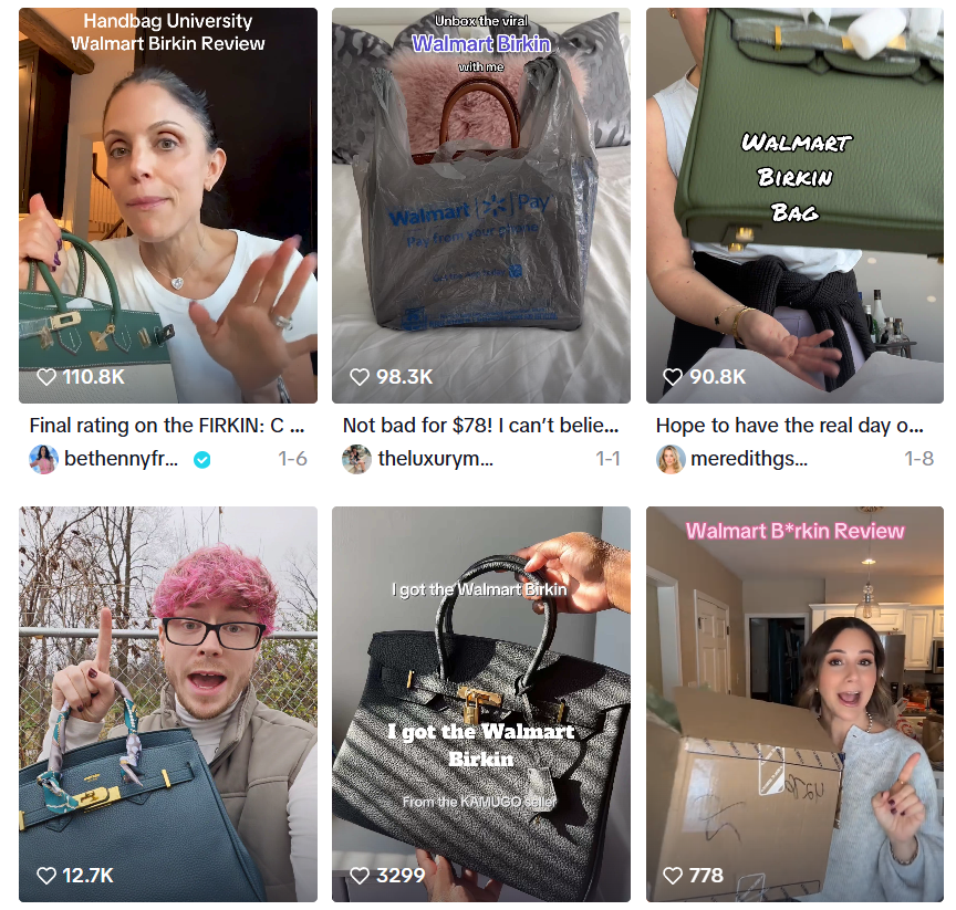 Hermes Birkin bag from Walmart reviewed in viral TikTok videos.