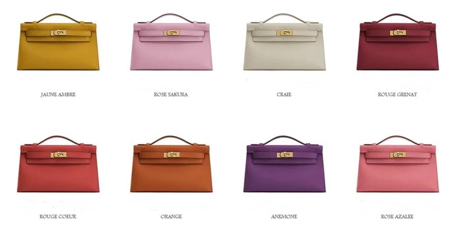 A variety of Hermès Kelly Pochette color options displayed