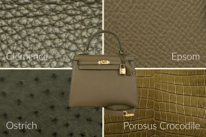 Hermes green bag in Vert Olive showcasing leather variety including Epsom and Ostrich