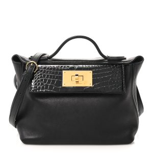 Hermes 2424 Mini in black Evercolor and Swift leather with matte alligator flap.