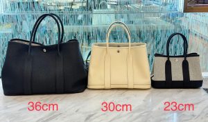 Side-by-side size comparison of Hermès Garden Party bags in 23cm, 30cm, and 36cm