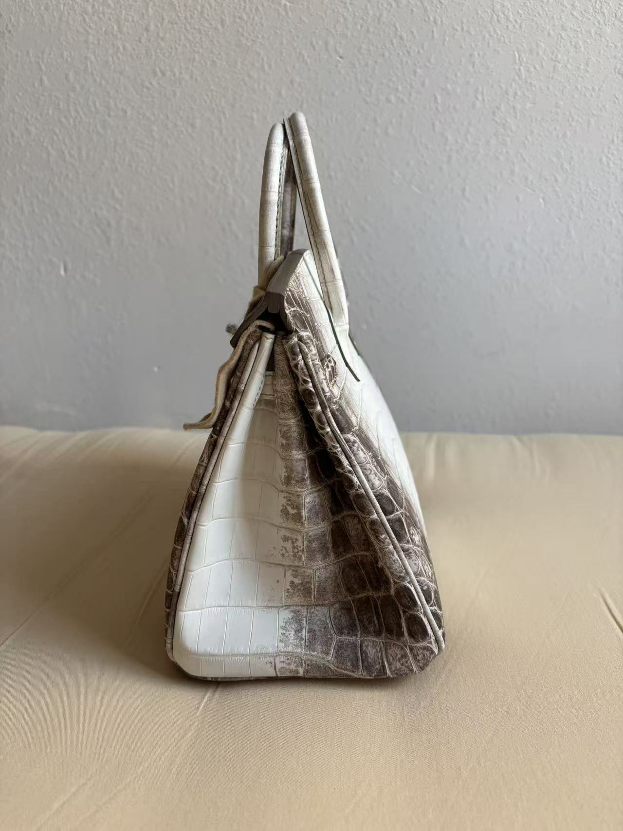 Profile view of a 25cm Himalayan croc Birkin, demonstrating the bag’s rigid structure