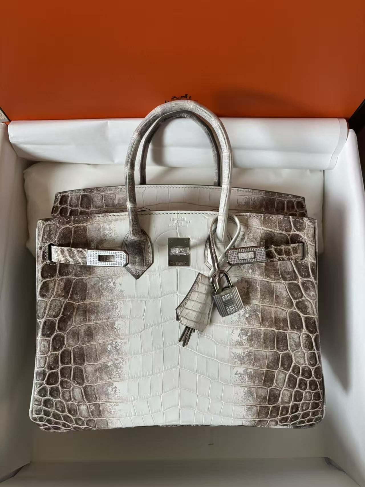 A handcrafted Himalayan Birkin 25 with the diamond hardware